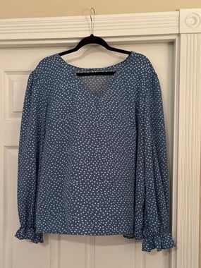 SHEIN Blue White Polka Dot V-Neck Long Sleeve Blouse
